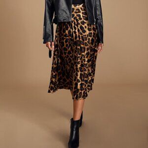 Lulus Tasteful Living Leopard Print Satin Pleated Midi Skirt Brown - Size XS